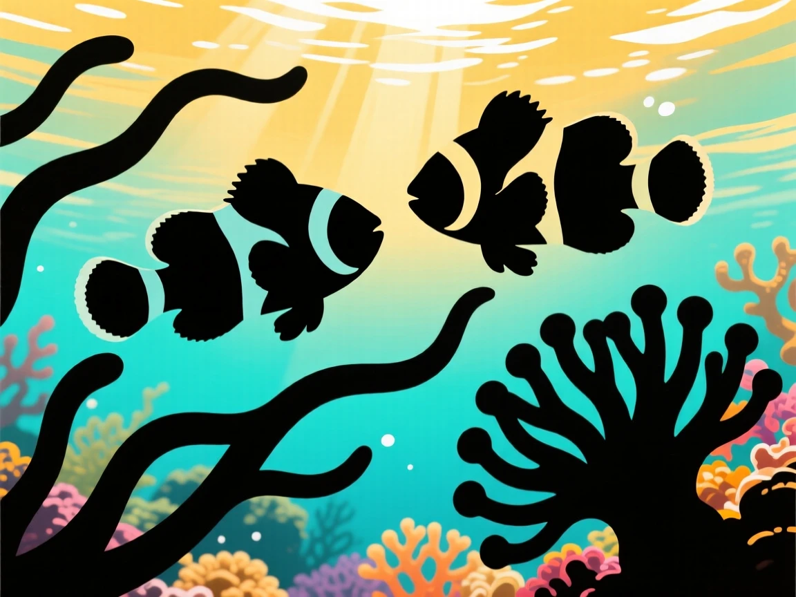 A pair of clownfish darting among the swaying arms of a sea anemone.