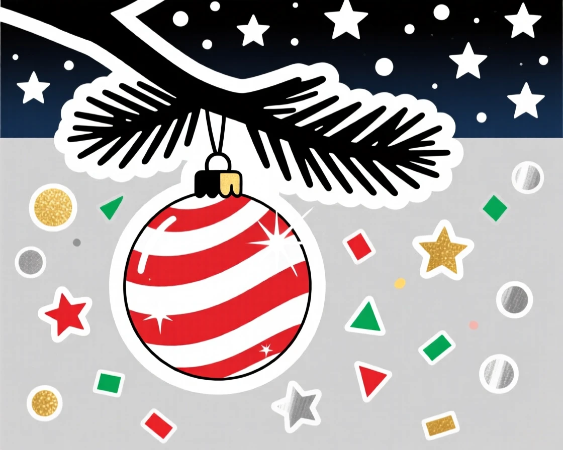 A sparkling and celebratory candy cane striped ornament hanging on a tree, surrounded by falling confetti, under a sky full of stars on a special night.