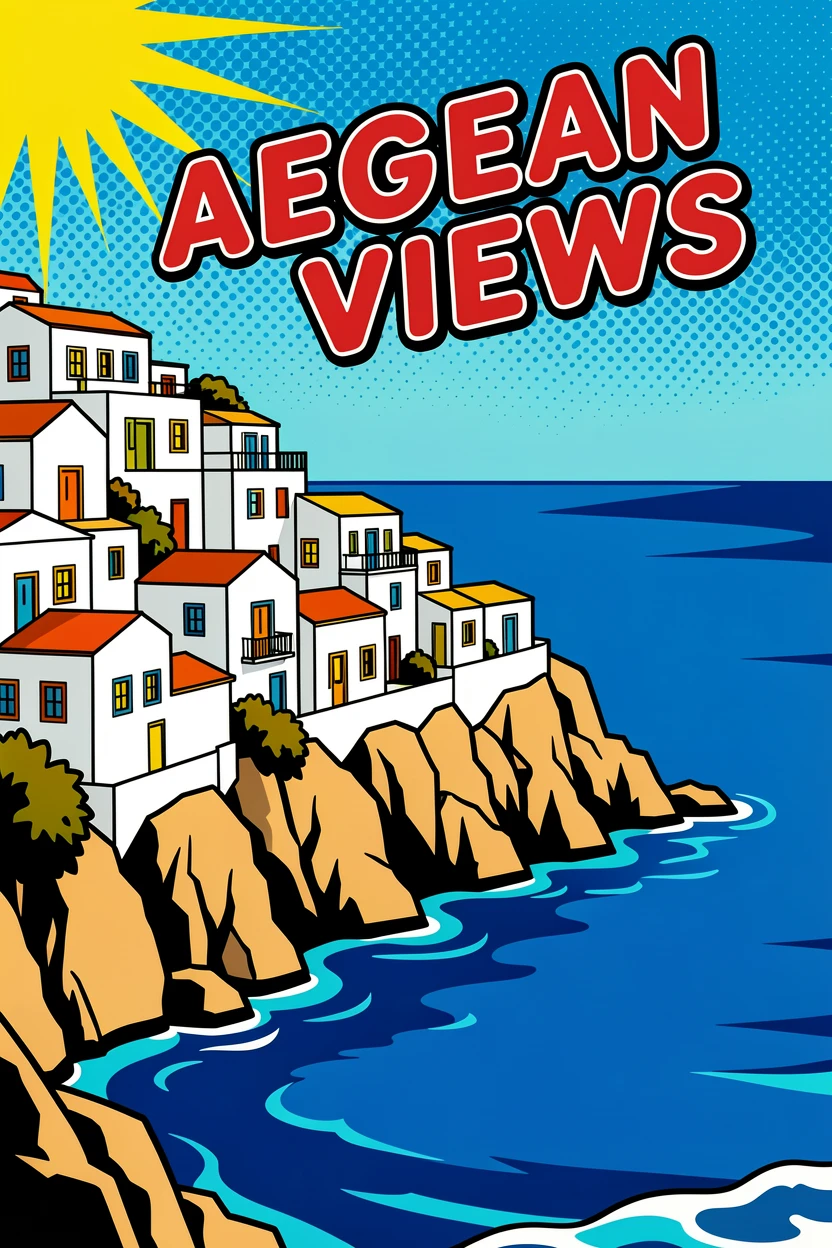 A cliffside village of whitewashed buildings above the Aegean Sea