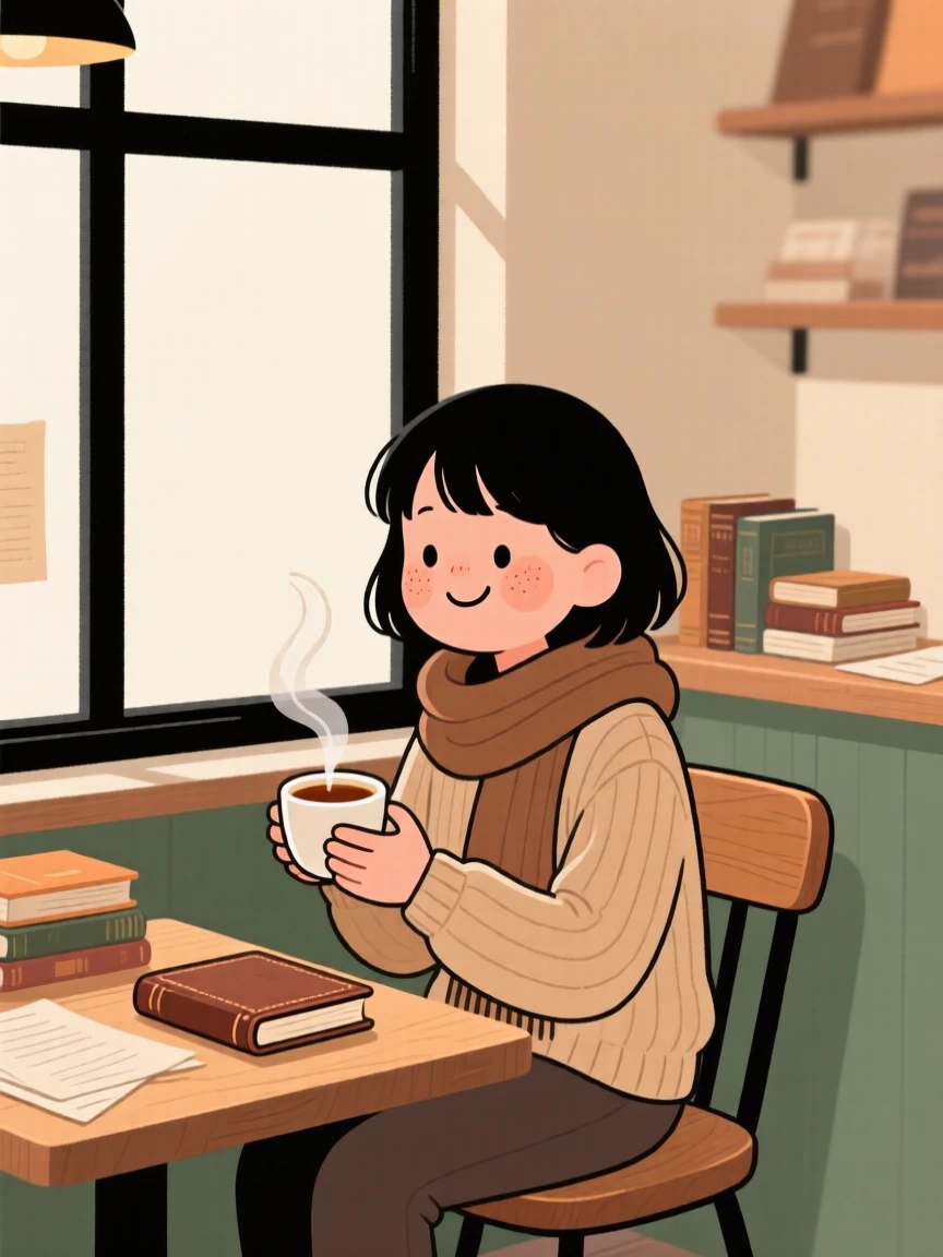 A student sits by the window of a small corner café, sipping a warm drink as the smell of old paper and leather fills the air.