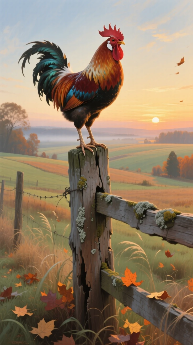 A broad landscape view of a proud rooster crowing atop a weathered fence post at sunrise, amid swirling autumn wind, in the 1920s.