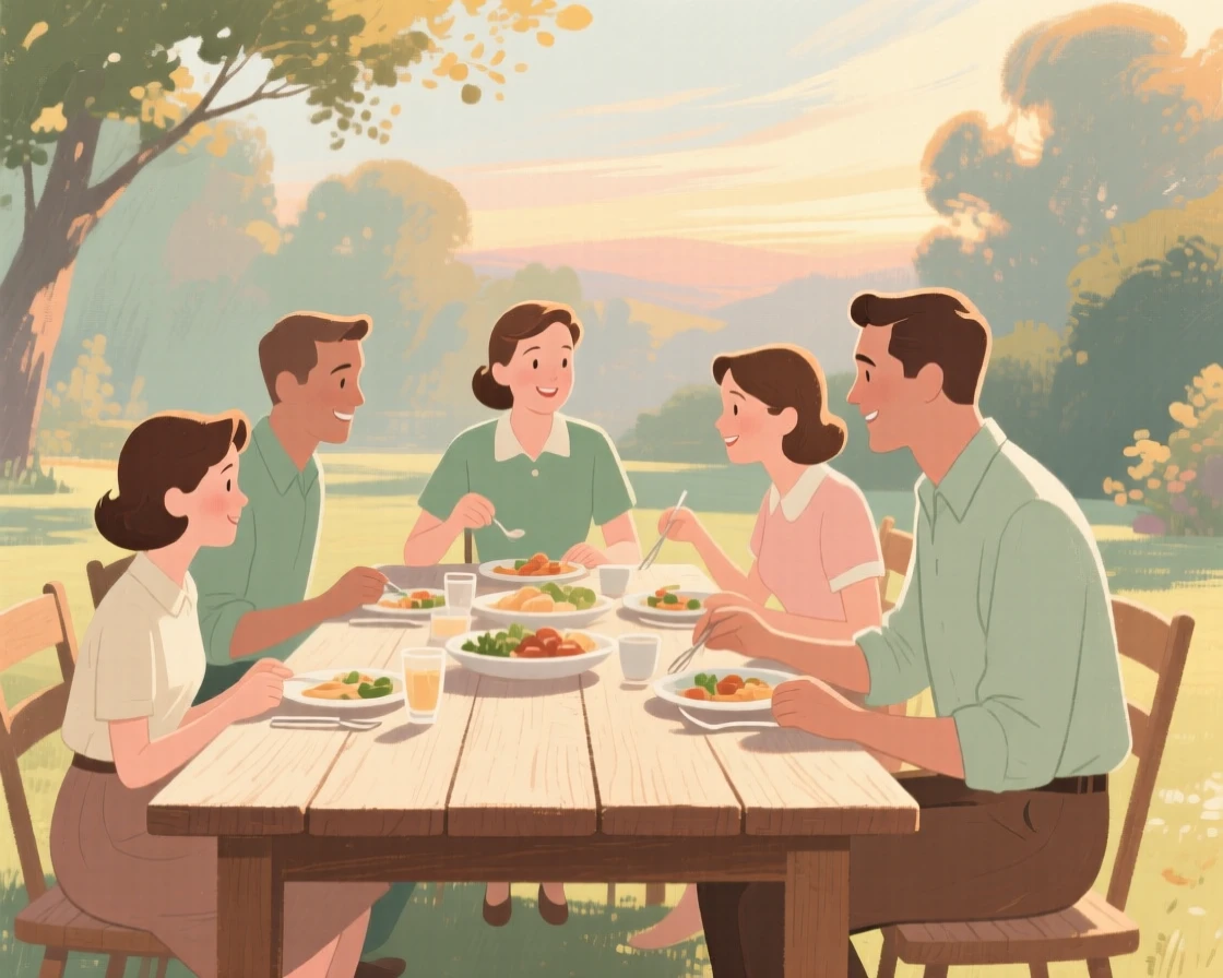 A family sharing a meal at a long wooden table outdoors