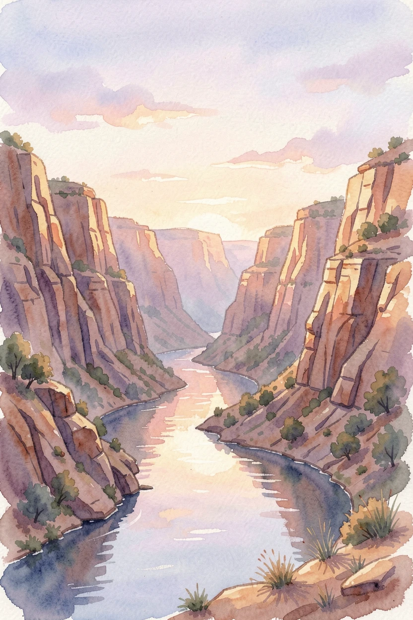 A canyon carved by a river during a soft sunrise with reflections shimmering on the water.