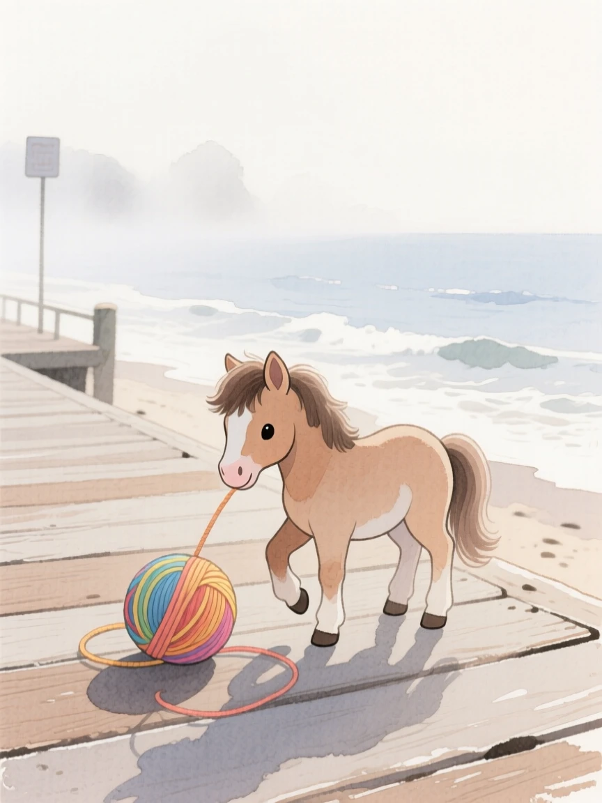 A miniature pony plays with a ball of yarn in a seaside boardwalk, as morning mist rises in the background