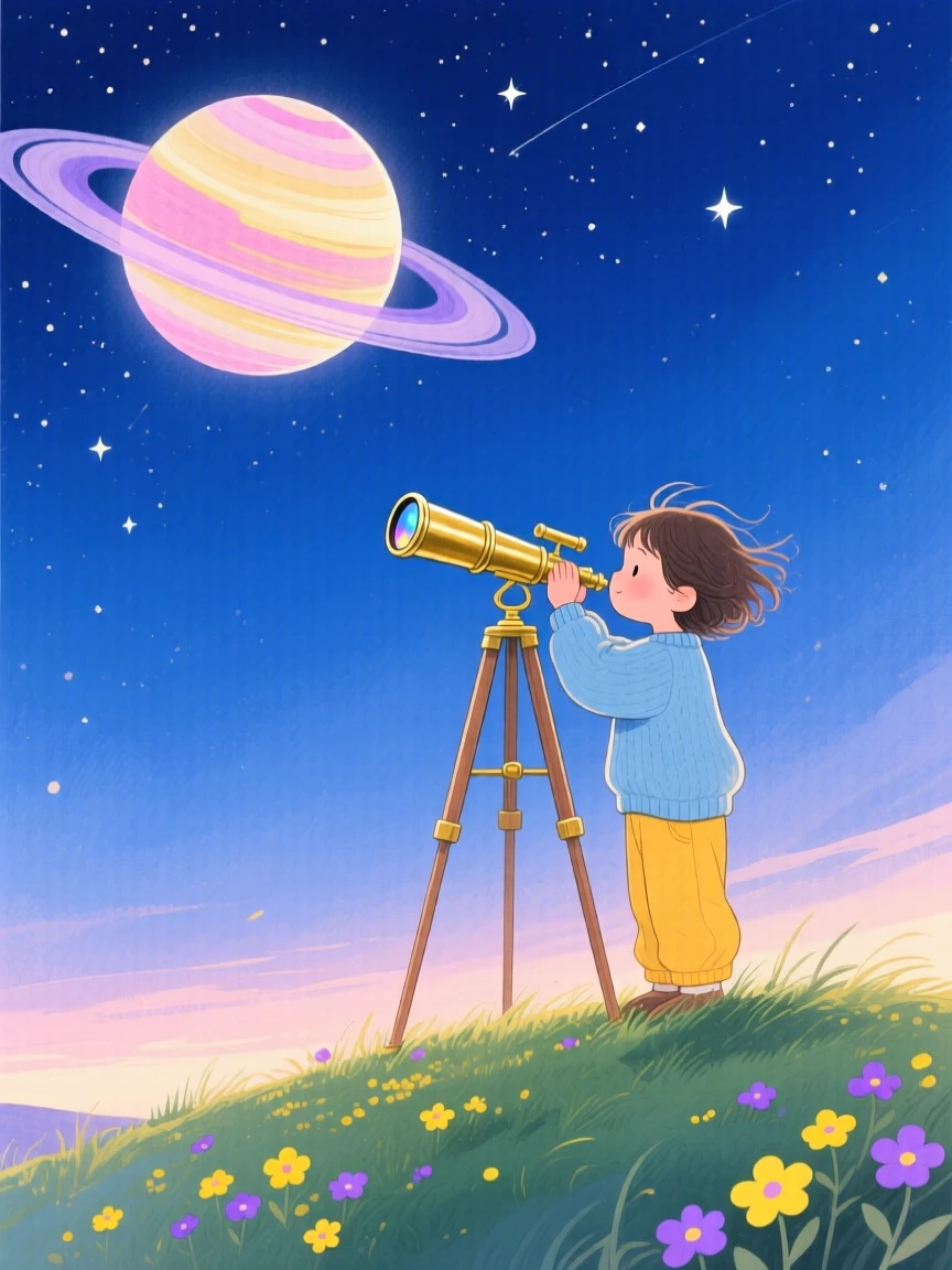 An imaginative scene of a child looking through a telescope at a ringed planet.