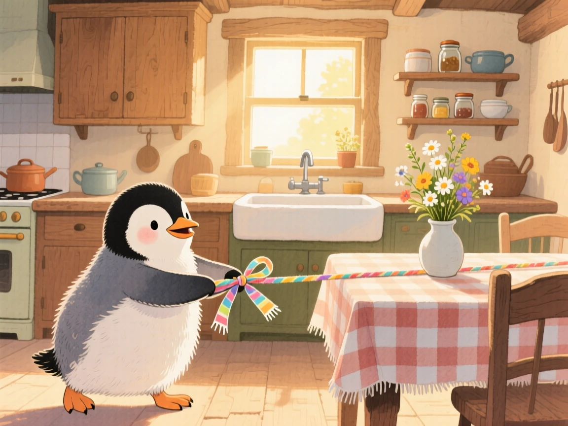 A baby penguin playing tug-of-war with a little ribbon, set in a cozy farmhouse kitchen with morning light streaming in, capturing a fleeting moment of quiet contentment.