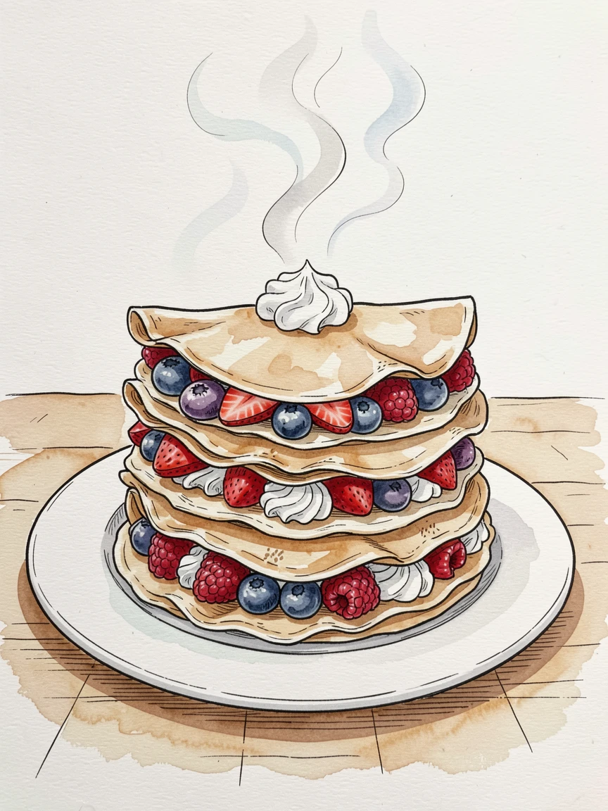 A stack of crepes filled with fresh berries and whipped cream, steam curling gently into the warm kitchen air.