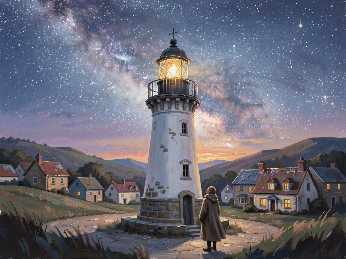 Just after sunset, as the first stars begin to appear, a lone lighthouse beneath a brilliant field of stars, above a sleeping village, windows dark except for a few, a solitary figure standing in quiet awe.