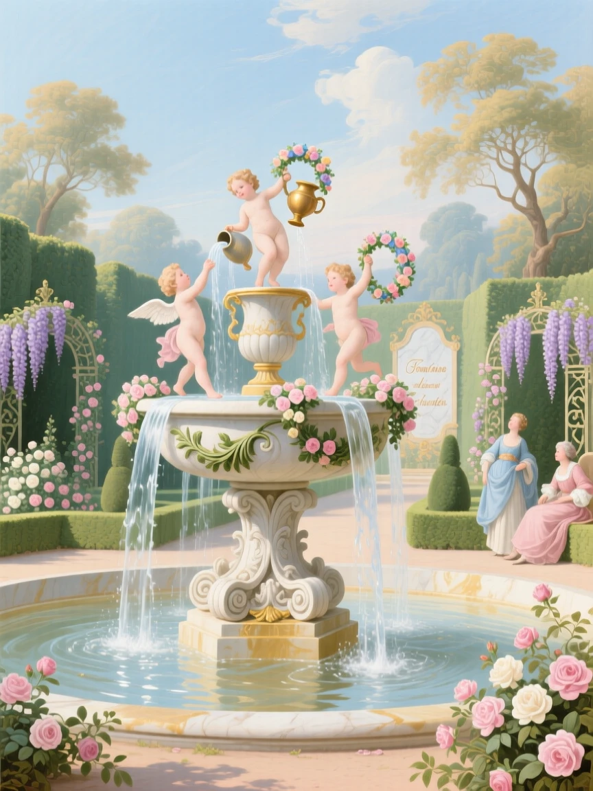 A grand fountain with cherubs and cascading water in a formal garden  