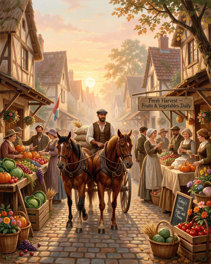 A miller drives his cart through a village market filled with fresh produce as the sun rises over the rooftops.