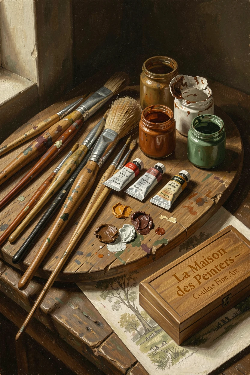 A collection of fine art brushes and paints arranged on a wooden palette, arranged with careful, deliberate elegance, evoking elegance, refinement, and quiet luxury