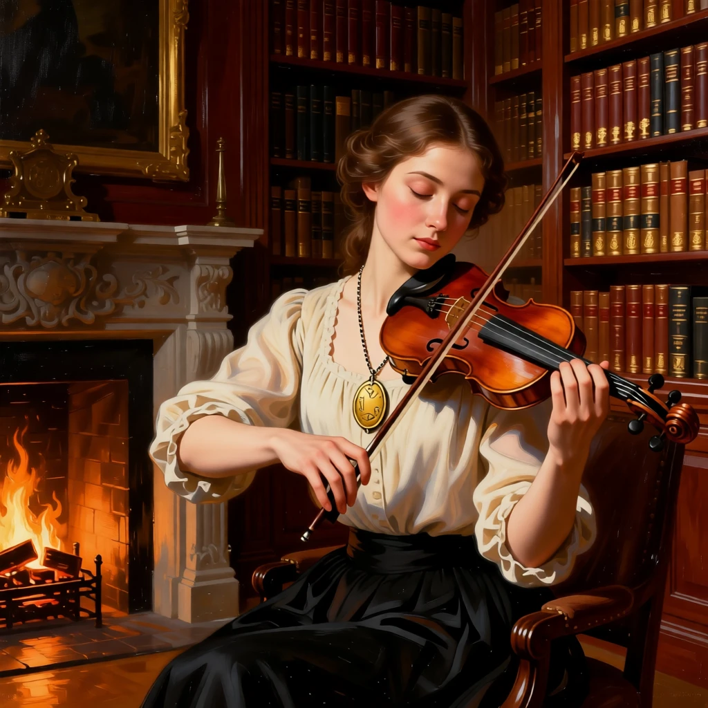 A violinist pausing mid-performance, eyes closed in concentration captured in a quiet, introspective moment, set within a book-lined study warmed by a crackling fire, with a cherished heirloom locket resting against her collarbone; the hands are given equal storytelling weight alongside the face, capturing grace under the weight of everyday devotion.