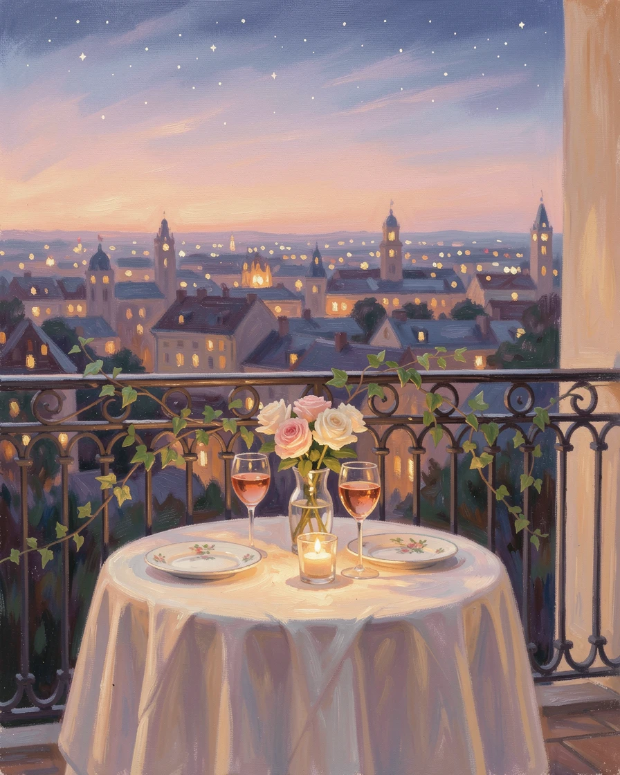 A quiet anniversary dinner set on a balcony overlooking a city skyline at twilight, radiating joy and gentle celebration.
