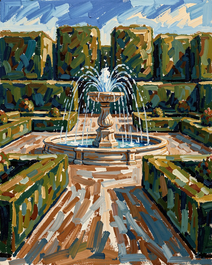 A formal French garden with symmetrical hedges and a central fountain in full spray.