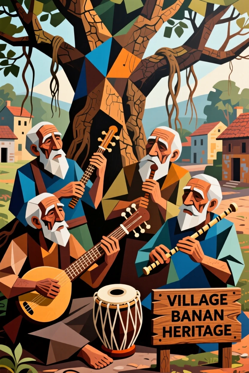 A group of elders playing traditional instruments beneath a village banyan tree.