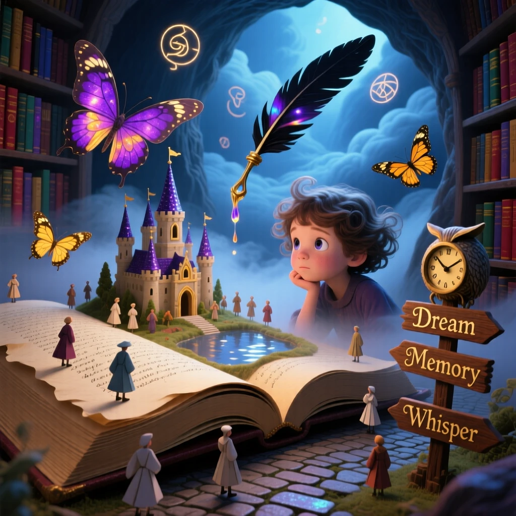 A small kingdom nestled inside the folds of an open book hums quietly with a life entirely its own, while a curious child peers closely to see inside.
