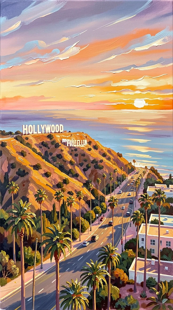 A vibrant aerial view of Los Angeles shows the Hollywood Sign glowing under a golden sunset, palm-lined streets stretching toward the distant ocean, subtle color shifts across the sky suggesting the slow passage of time within the scene.
