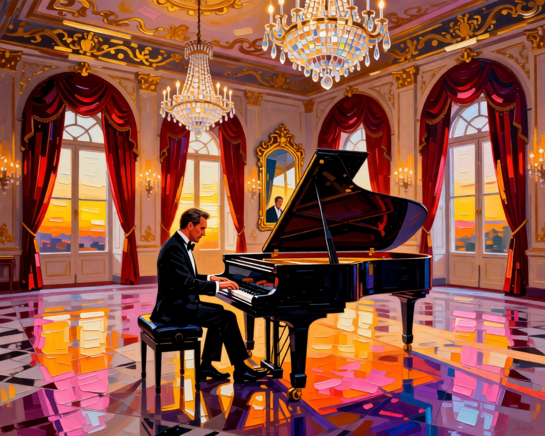 A pianist playing a grand piano in an empty ornate ballroom bathed in sunset light
