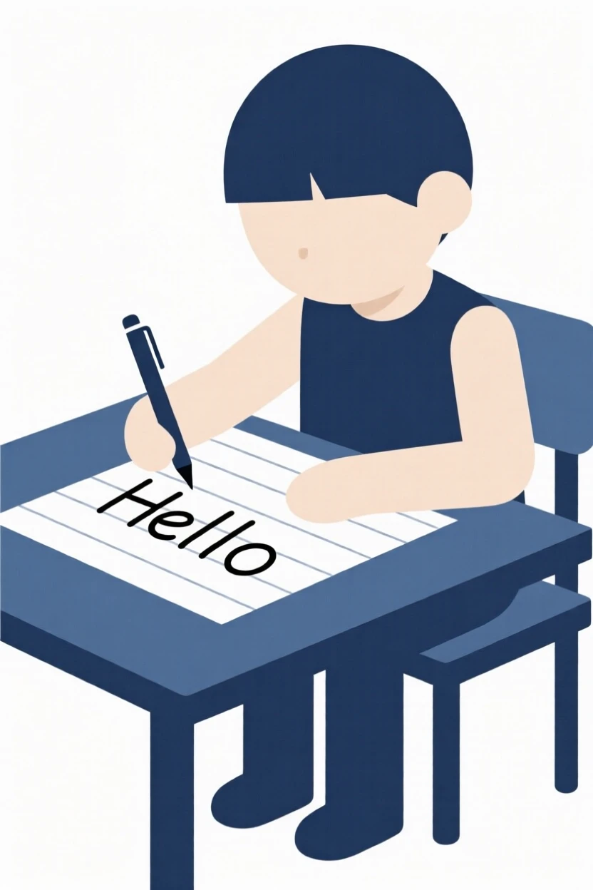 A child practicing handwriting on lined paper