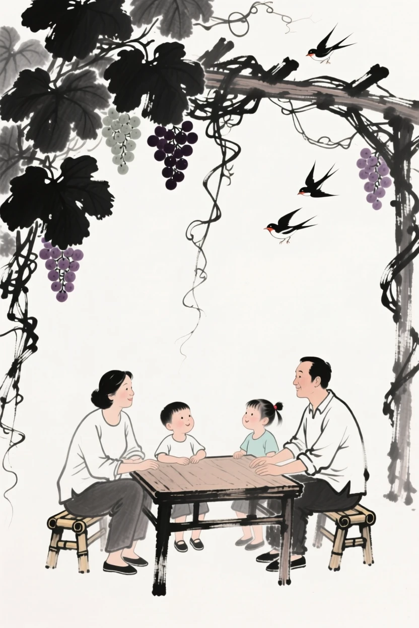 A family gathers around a table beneath a trellis of hanging grapevines, as birdsong fills the quiet morning air.