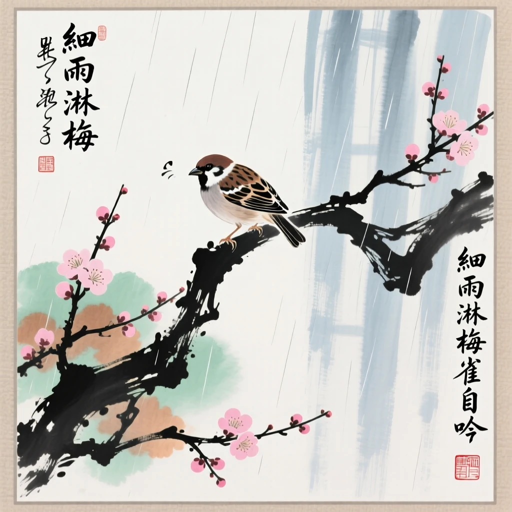 A small sparrow perched on a blossoming plum branch, through a curtain of fine rain.