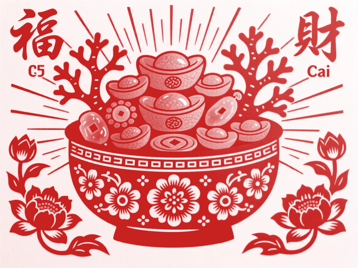 A treasure bowl overflowing with gold, jade, and coral, radiating prosperity in every direction