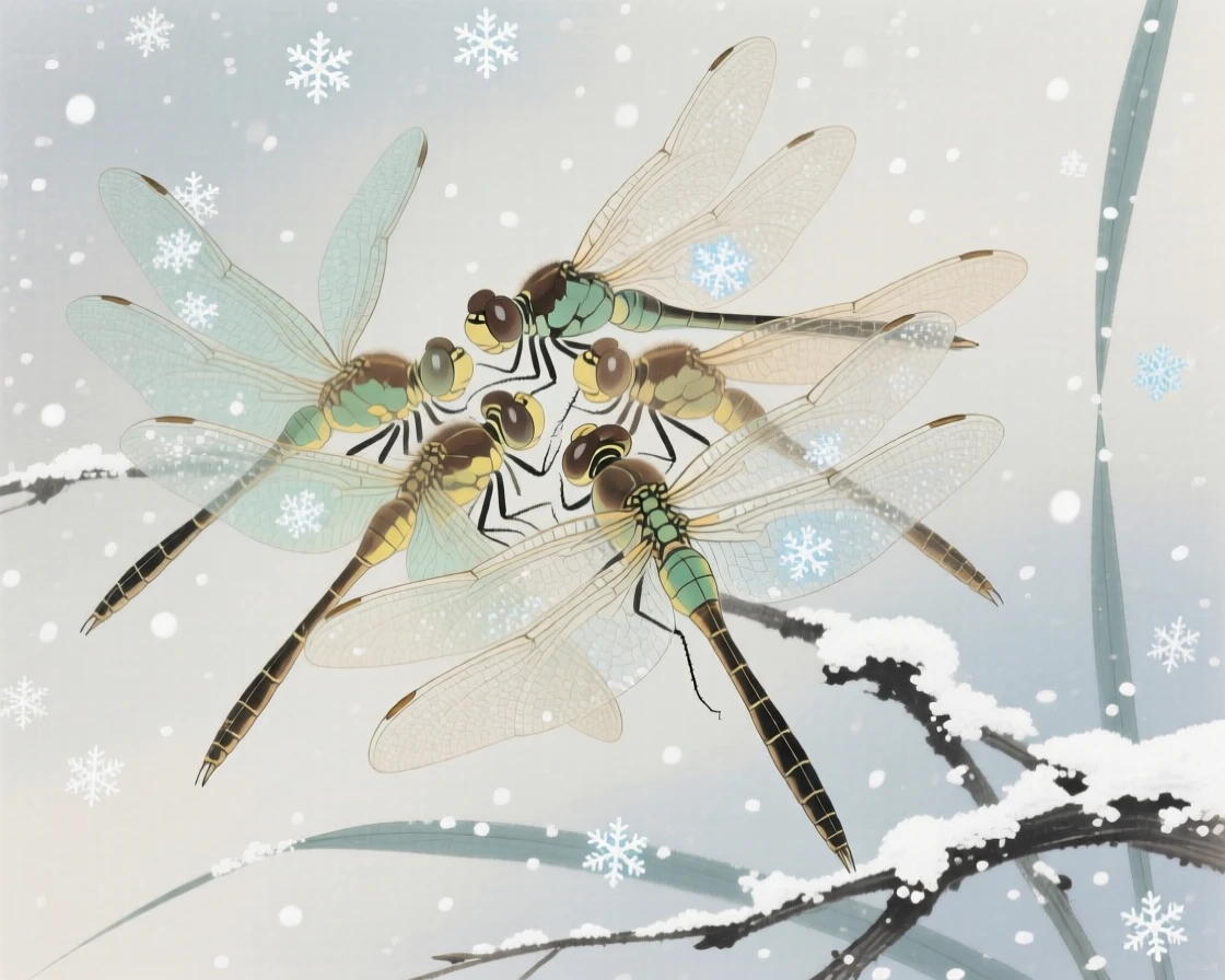 A dragonfly huddled together for warmth in a light snowfall