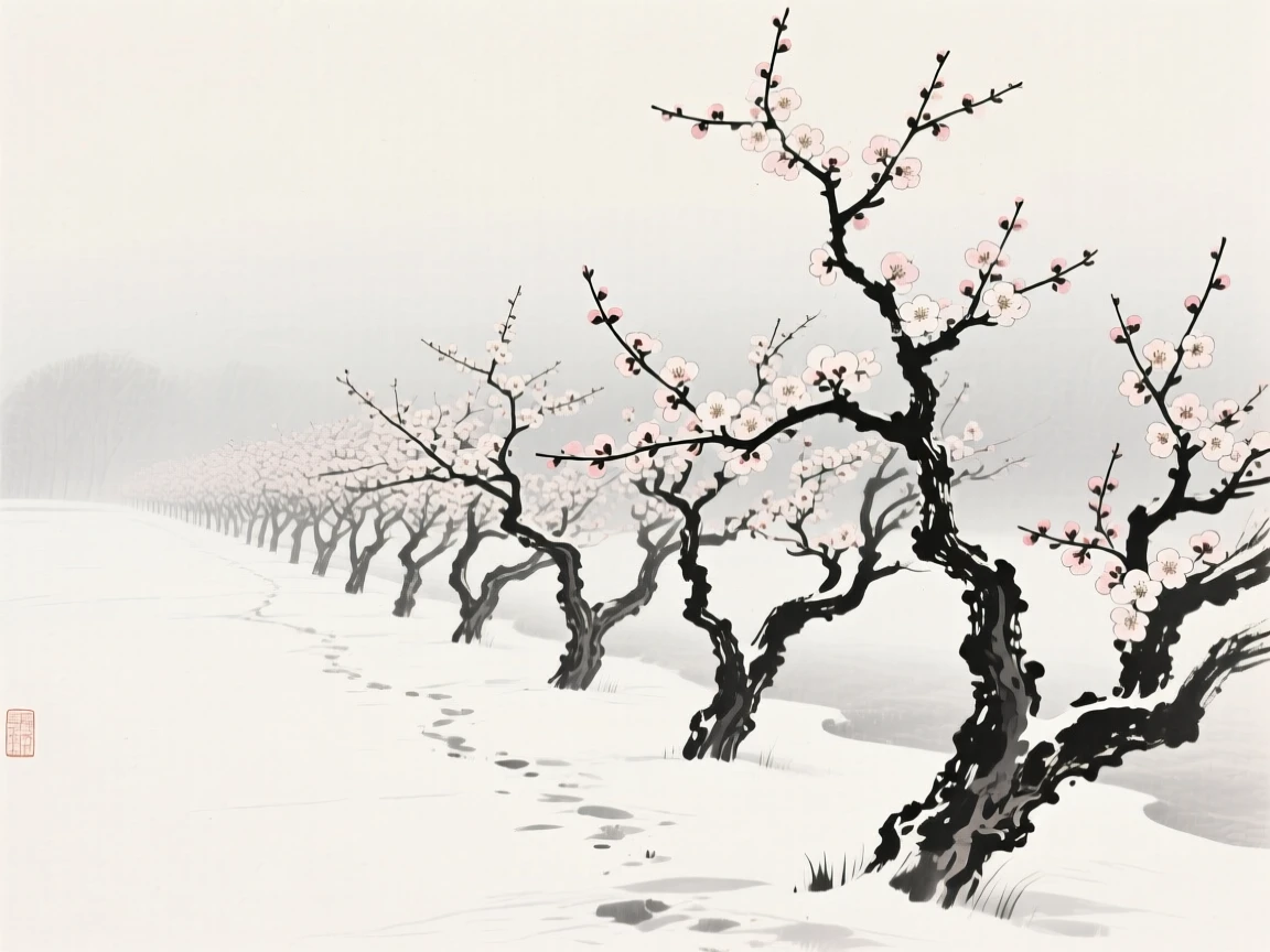 A row of blooming plum trees along a quiet snowy path, set against a soft gradient of misty background, conveying gentle stillness and natural harmony.
