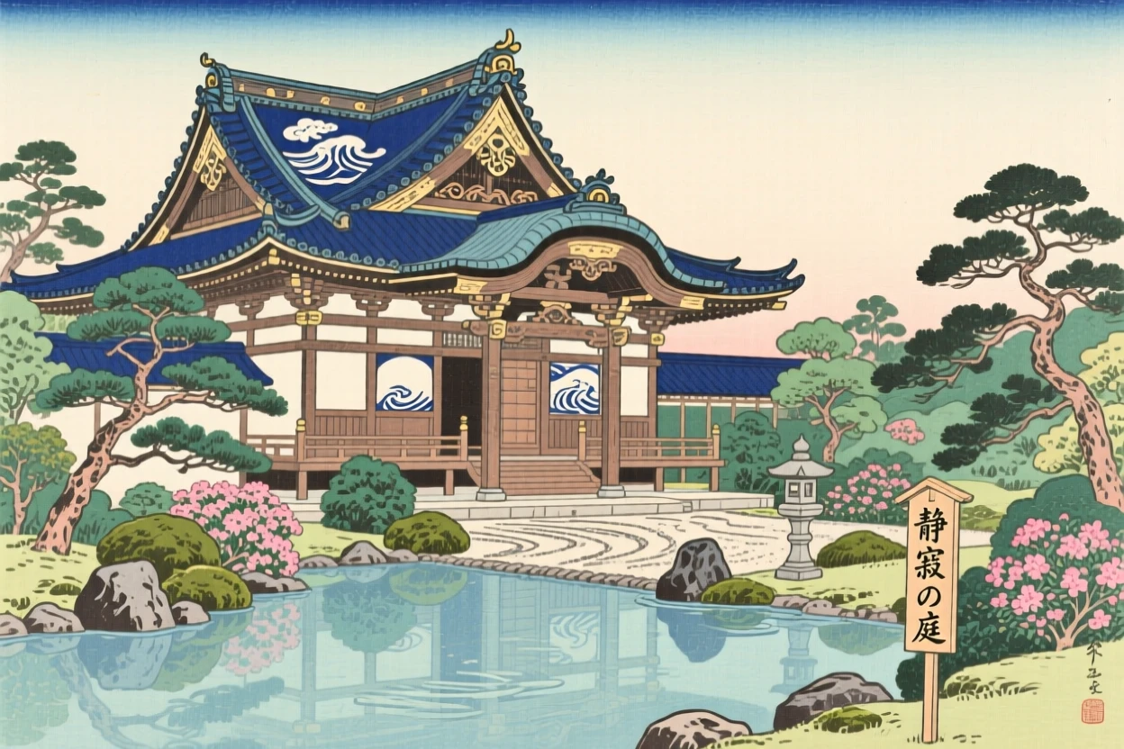 An ornate temple rooftop with manicured gardens and reflecting pools.