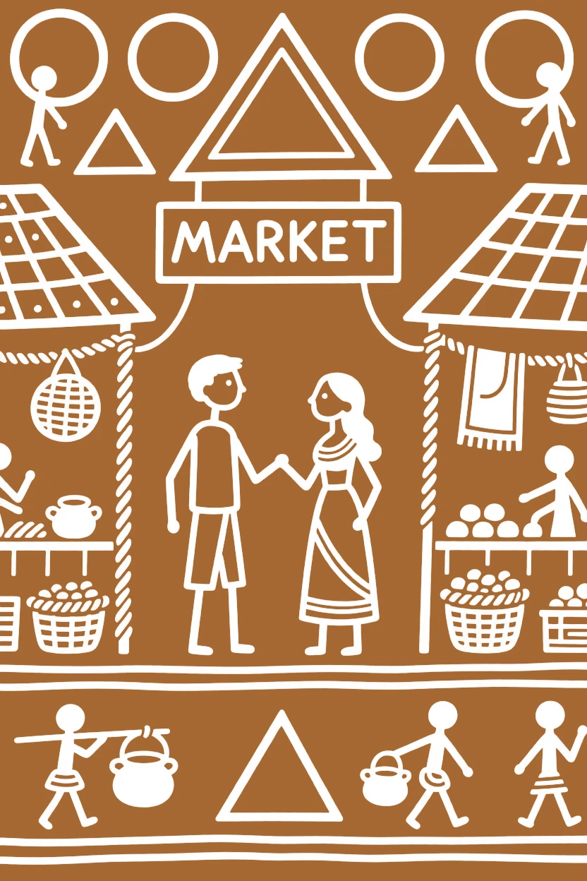 A couple reunited after years apart exchanging a gentle glance across a crowded market.
