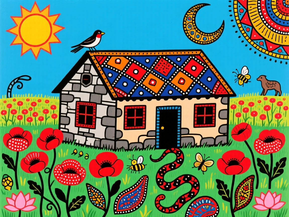 A field of poppies swaying beside an old stone farmhouse.