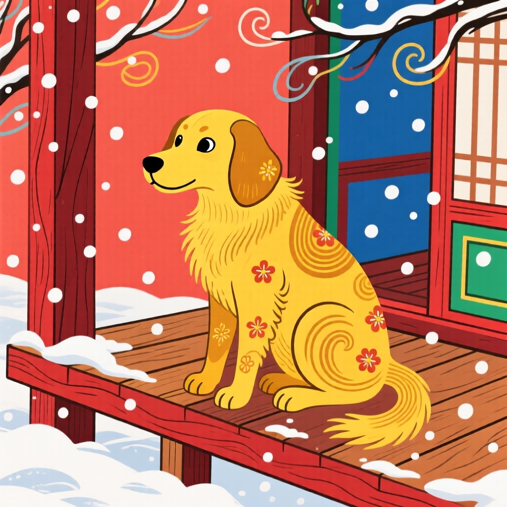 A loyal golden dog watching snow fall from a porch.
