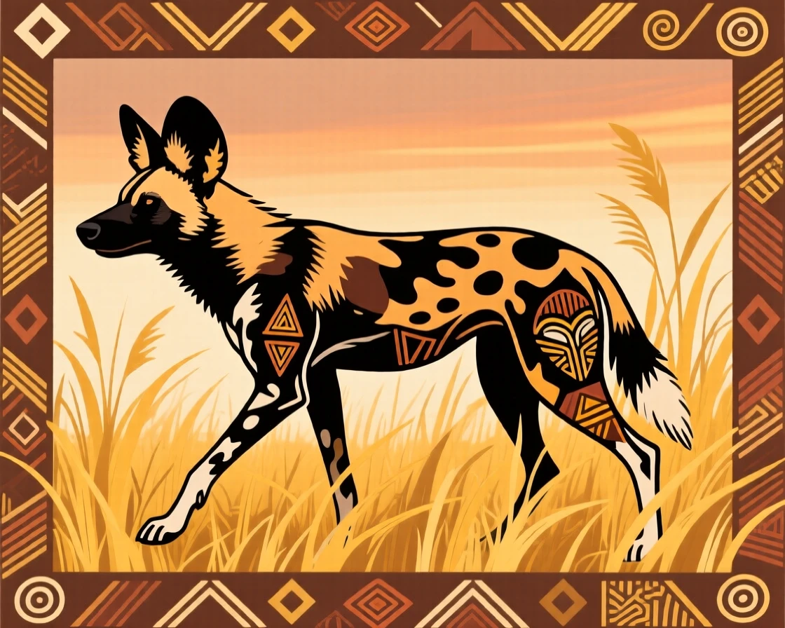 An African wild dog walking through tall golden grass.