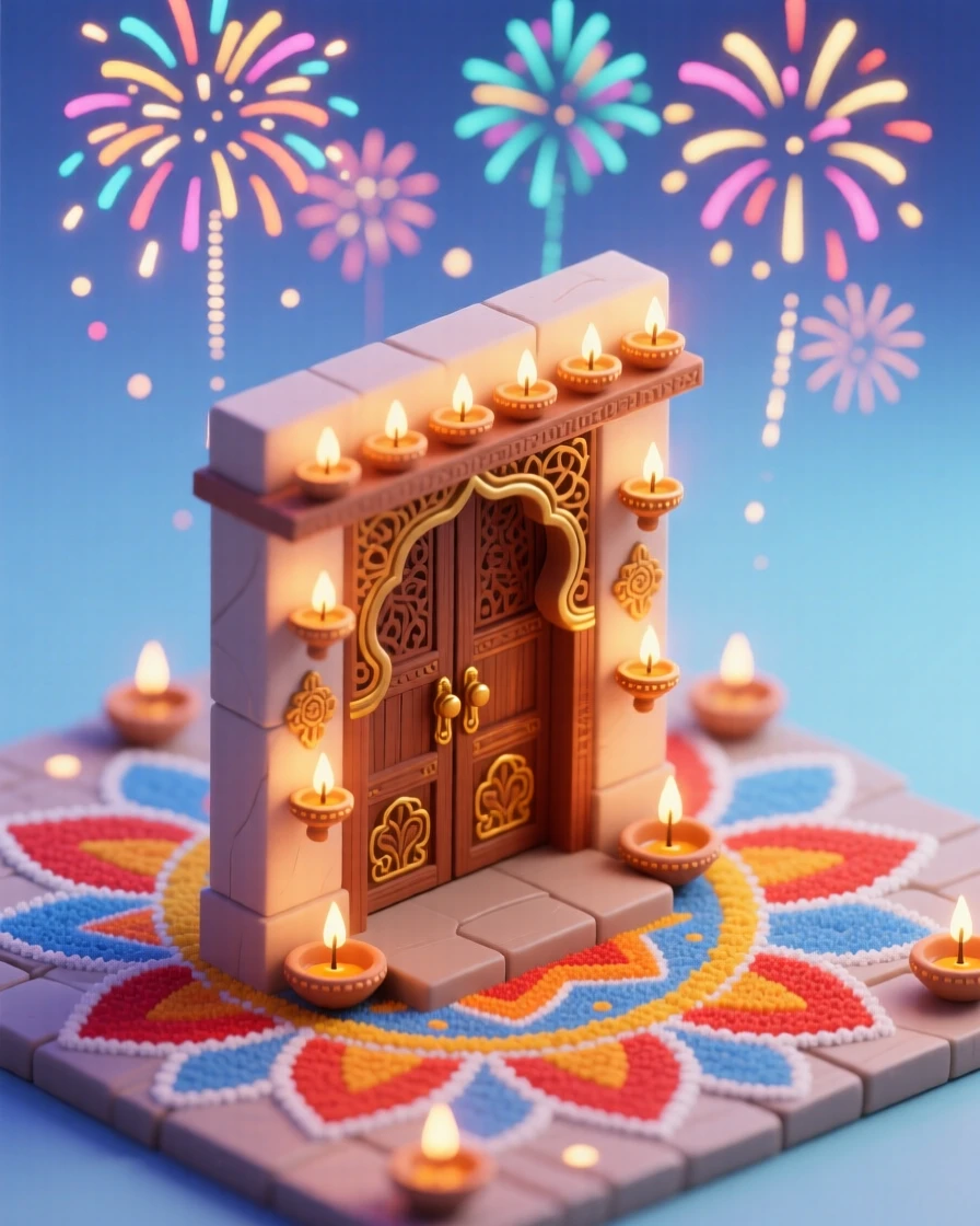 A Diwali celebration with rows of oil lamps lining a doorway, fireworks bursting overhead, and rangoli patterns colored on the ground.