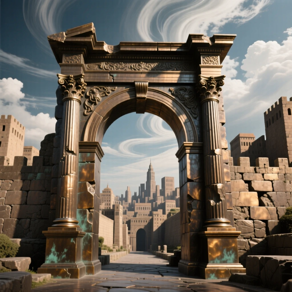 A majestic stone archway leading into an ancient city, framed by a dramatic sky, exuding timeless grandeur