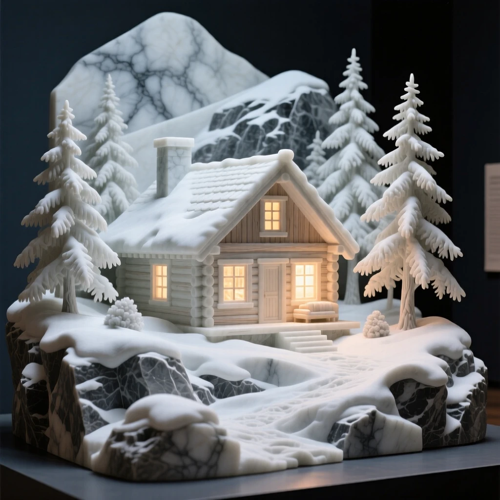 A beautifully composed image of a snow-covered cabin glowing with warm light, framed by dramatic natural scenery, full of atmosphere and visual storytelling