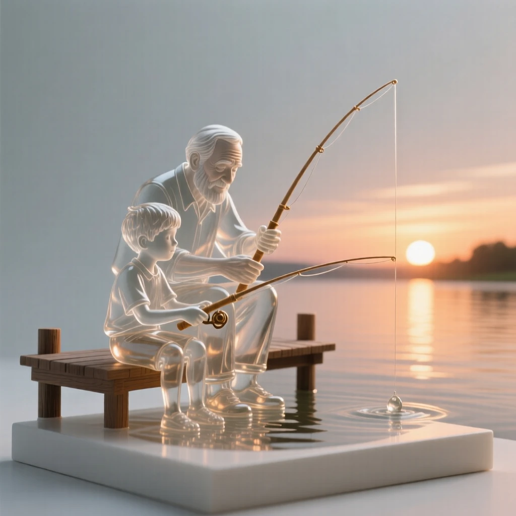 With warm light glowing softly in the background, a grandfather teaching his grandson to fish at sunrise