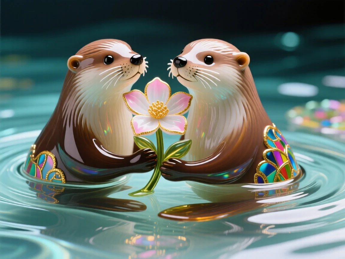 A pair of otters floating together holding a single flower between them, tender and playful.