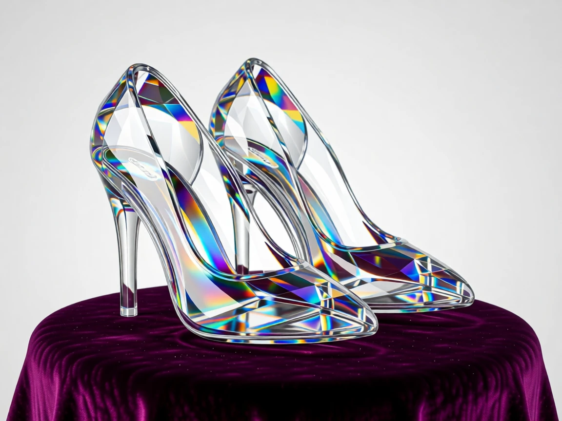 A pair of designer high heels displayed elegantly on a velvet pedestal, dramatic side lighting.