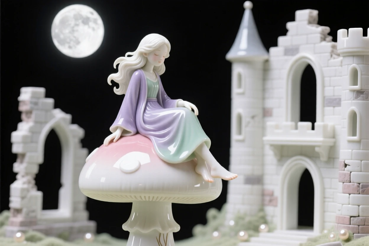 A whimsical scene of a young sorceress perched on a mushroom beneath a glowing moon in a crumbling storybook castle.
