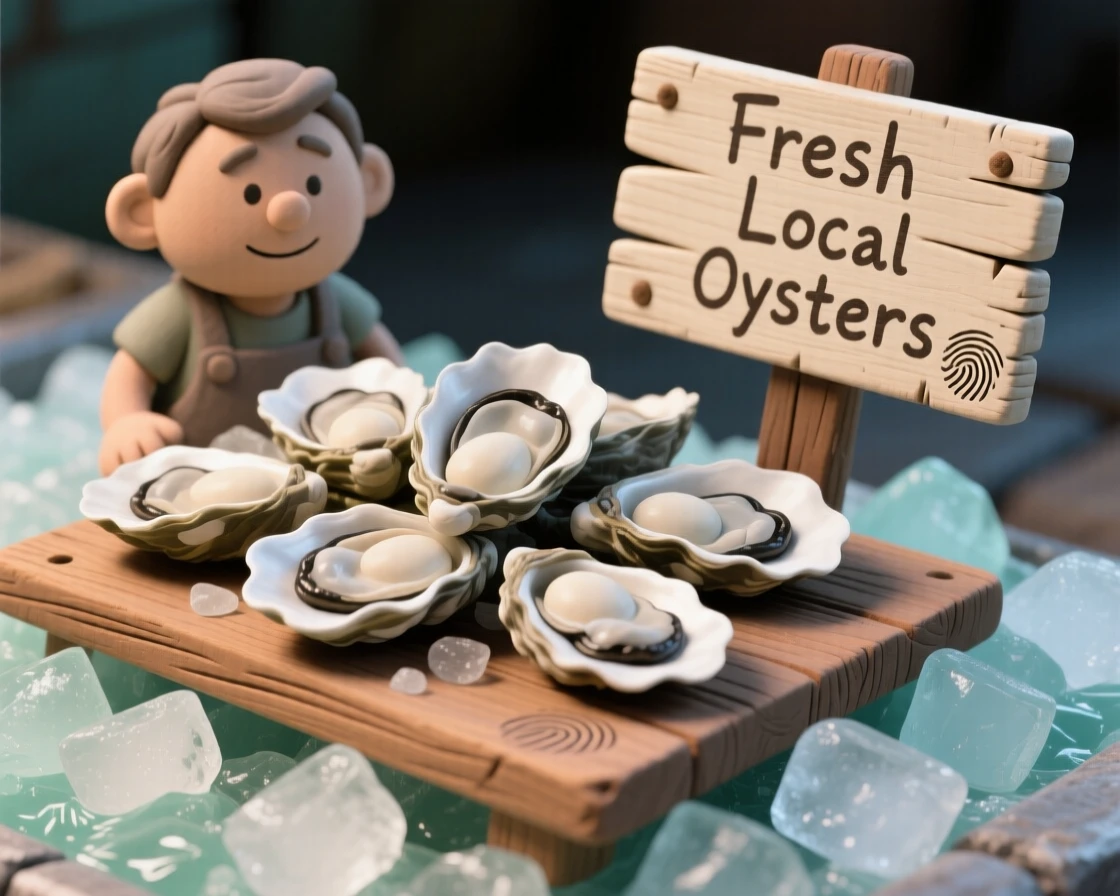 A rustic wooden board of fresh oysters on crushed ice