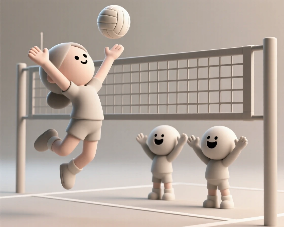 A focused volleyball player leaps to spike the ball over the net, teammates cheering below.