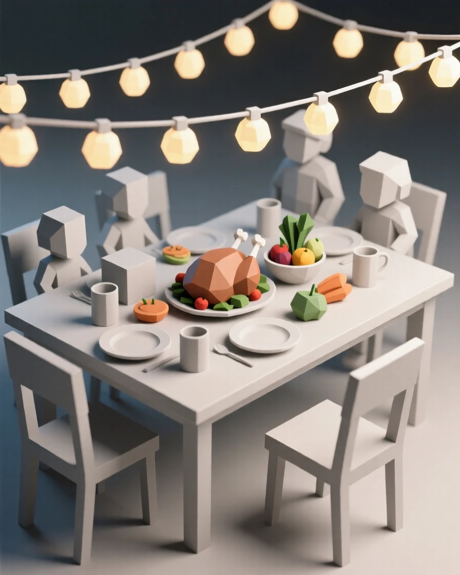 A festive table set for a family holiday feast, under strings of warm twinkling lights. rich seasonal colors bring the scene to life. There is a joyful, festive energy in the air.