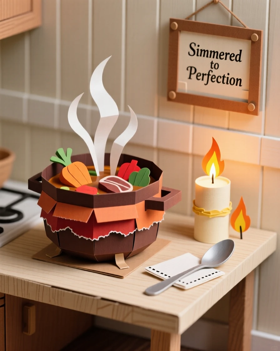 A rich pot of simmering stew plated in a cozy candlelit kitchen, with steam rising gently into soft light, capturing indulgence and warmth.