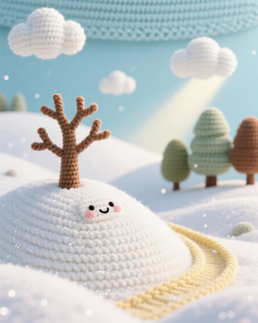 a rolling hillside covered in fresh snow, glittering under a pale winter sun, dotted with a single bare tree beneath a sky scattered with soft clouds; a soft beam of light breaking through the trees completes the scene, full of a serene, storybook tranquility.