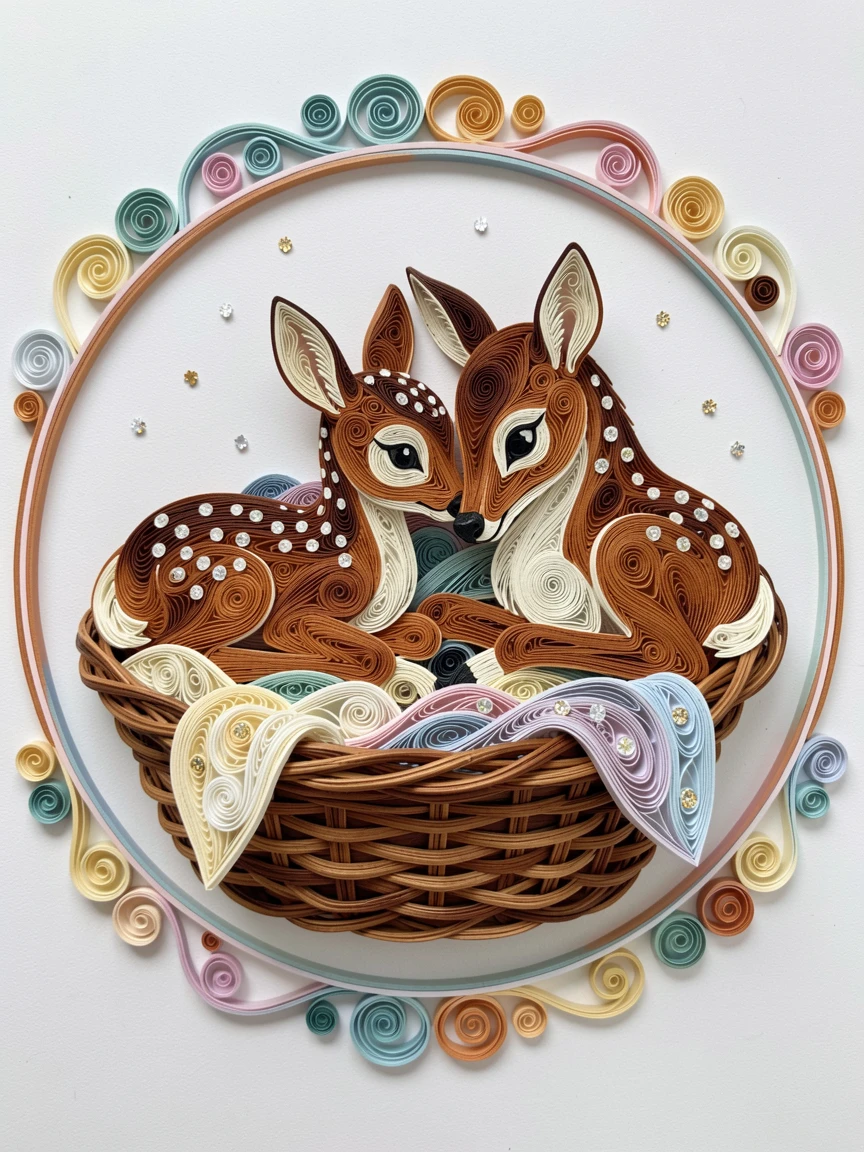 a fawn with white spots nuzzling its mother inside a wicker basket lined with soft blankets, with tiny sparkling highlights catching the light, framed in a close-up circular vignette.