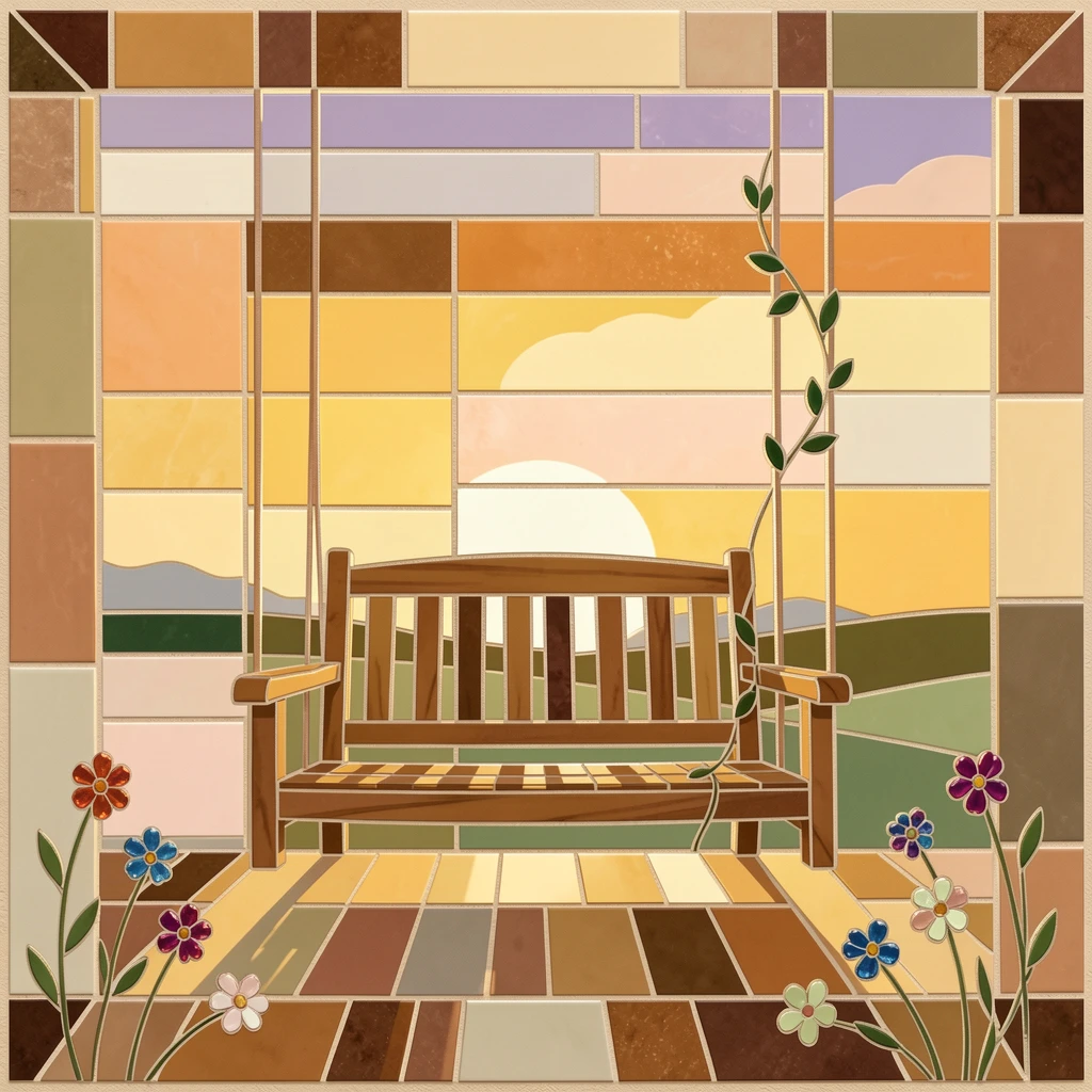 A charming, nostalgic scene of a quiet countryside porch swing overlooking a golden sunset, evoking calm and comfort.