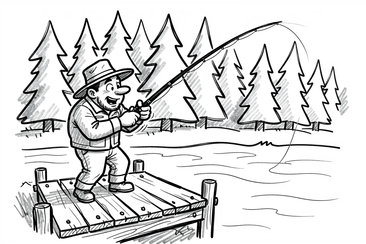 A fisherman casting a line from a riverside dock beside a snowy pine forest.