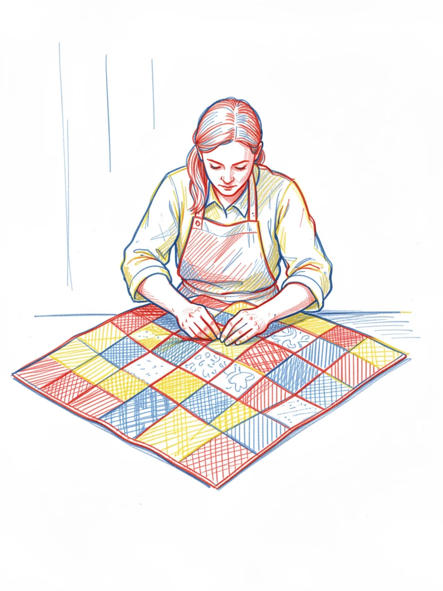 A quilter piecing together a colorful patchwork blanket by hand