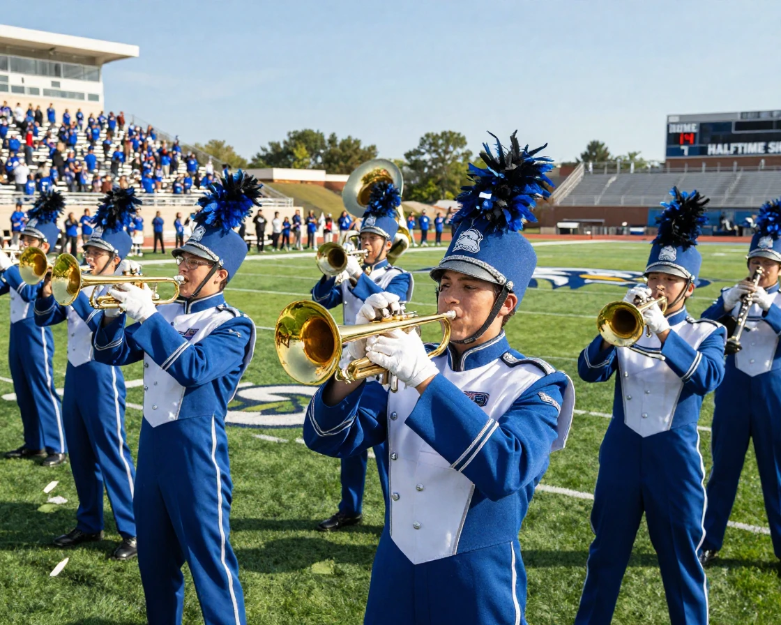 A high school marching band performing at halftime